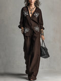 Bohemian Coffee-colored Embroidered Linen Suit