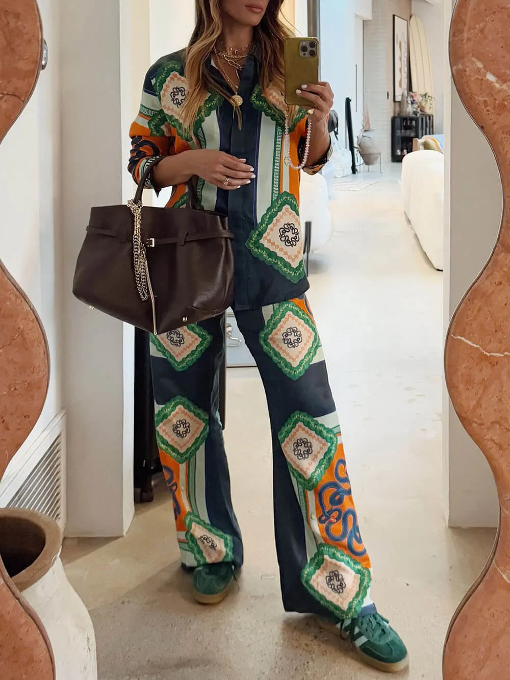 One-Of-A-Kind Unique Coral Graphic Print Elastic Waist Pocketed Wide Leg Pants