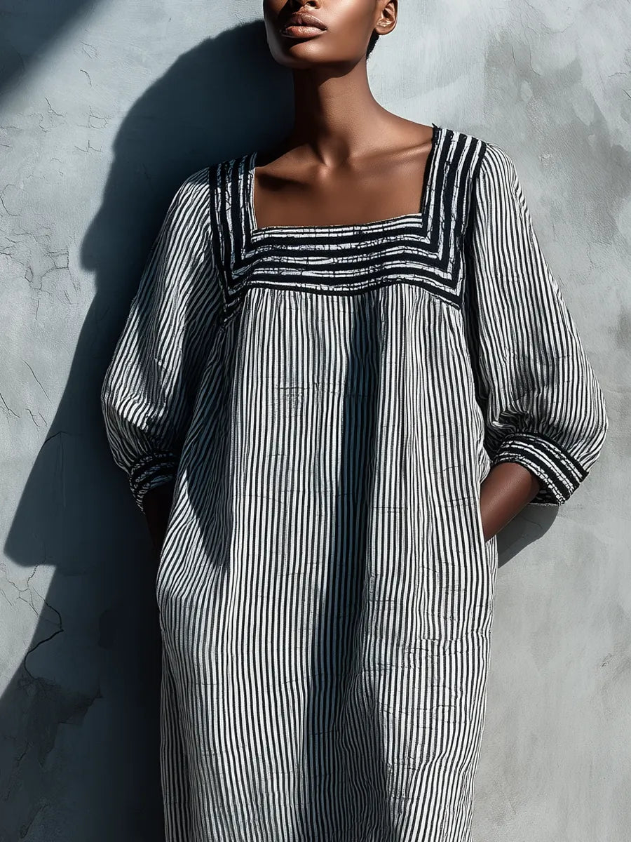 Women's Black White Vertical Stripe Linen Square Neck Puff Sleeve Pocket Loose Midi Dress MDZ0881G8YZJ