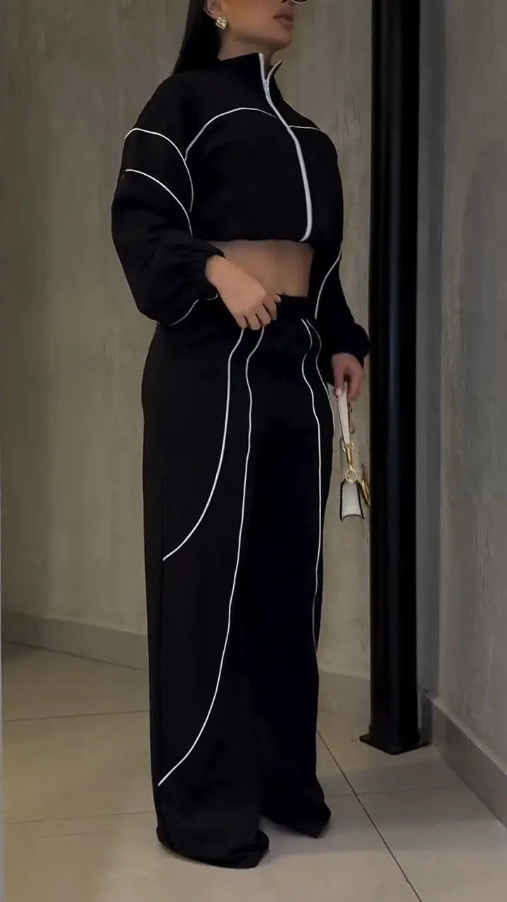 Women Stand Collar Vertical Stripe Jacket+ Pants Casual Suit