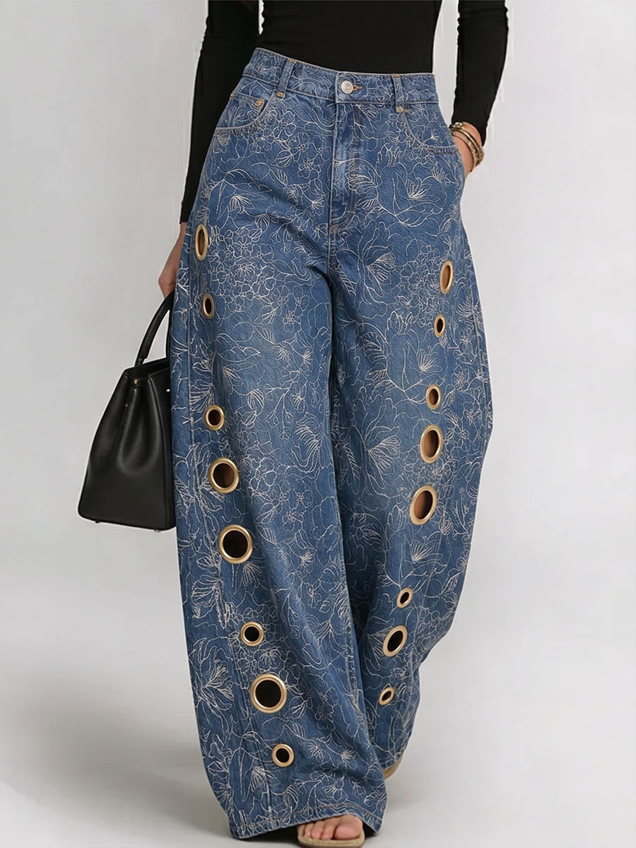 Women's Retro-print High-waisted Casual Loose Wide-leg Jeans