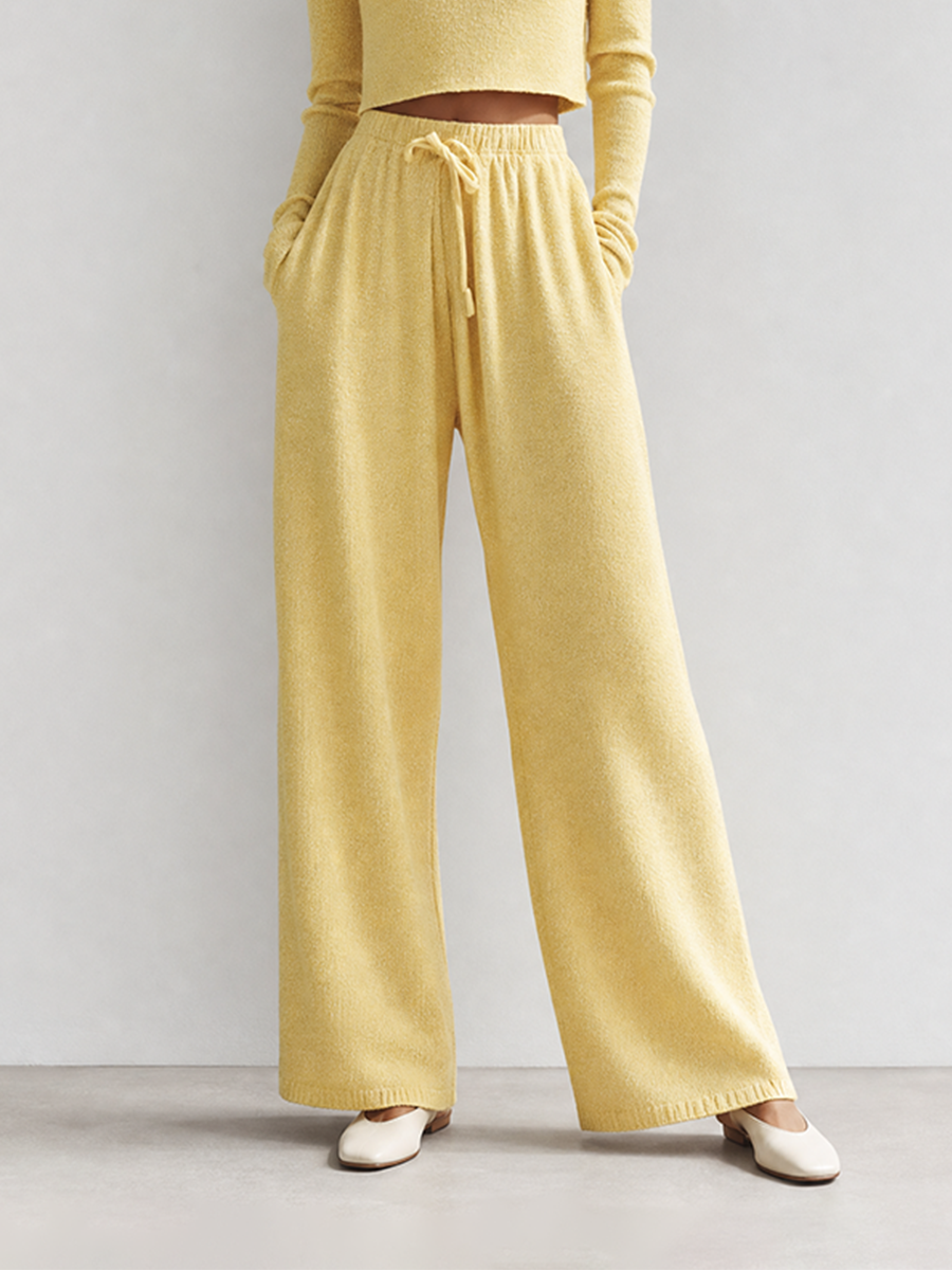 Women's Elegant Casual Light Yellow Knit Round-Neck Keyhole Long-Sleeve Cropped Top & Drawstring Wide-Leg Trouser Set MDZ2406G2CMX