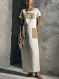 Women's Minimalist Style Off-White Linen Cotton Square Neck Short Sleeve Patch Pocket Maxi Dress MDZ3055F9GMJ