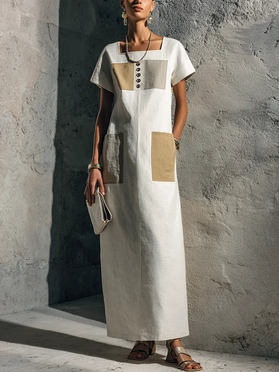 Women's Minimalist Style Off-White Linen Cotton Square Neck Short Sleeve Patch Pocket Maxi Dress MDZ3055F9GMJ