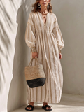 Women's Minimalist Off-White Vertical-Stripe Linen Maxi Dress MDZ0321G1ZRK