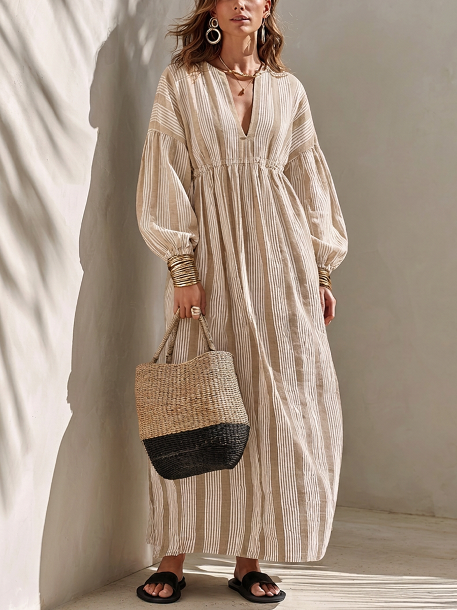 Women's Minimalist Off-White Vertical-Stripe Linen Maxi Dress MDZ0321G1ZRK