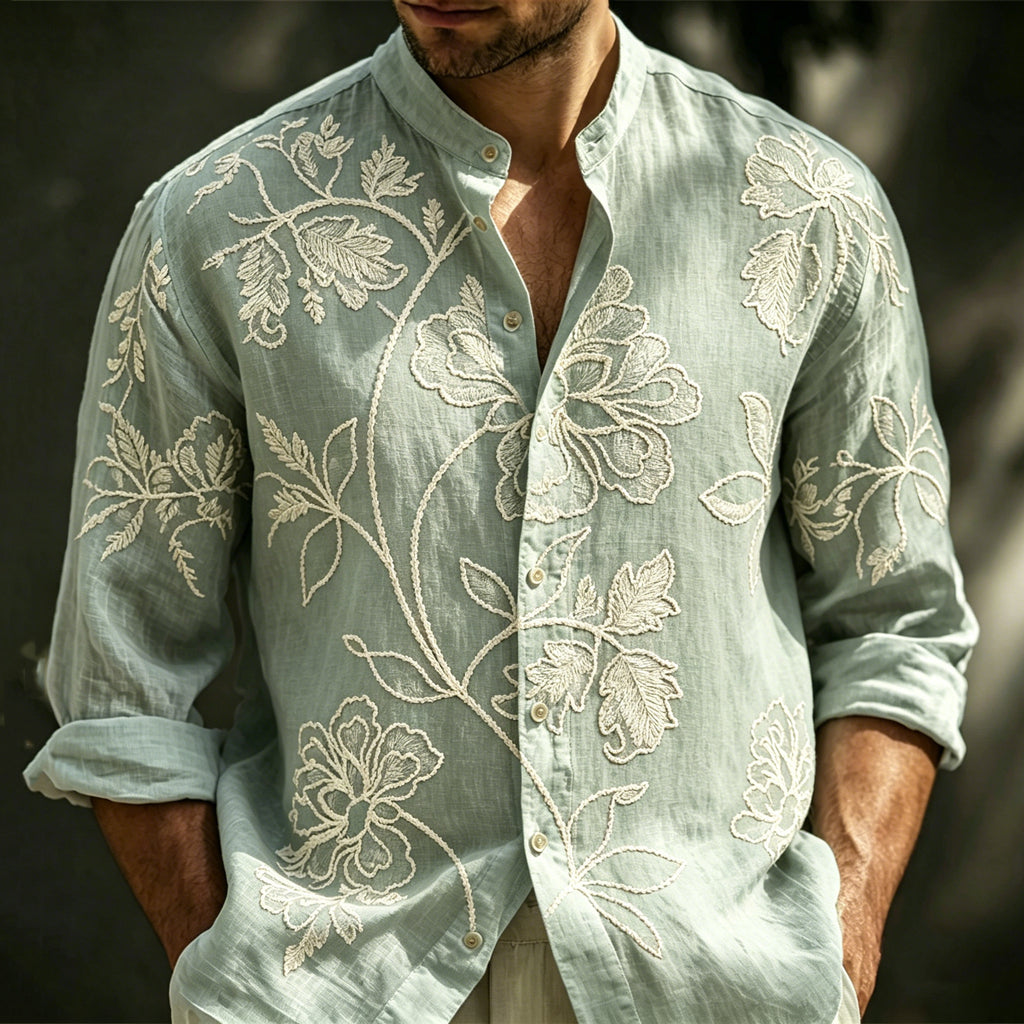Men's Spring Floral Embroidered Art Print Flowy Linen Blend Casual Shirt