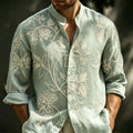 Men's Spring Floral Embroidered Art Print Flowy Linen Blend Casual Shirt