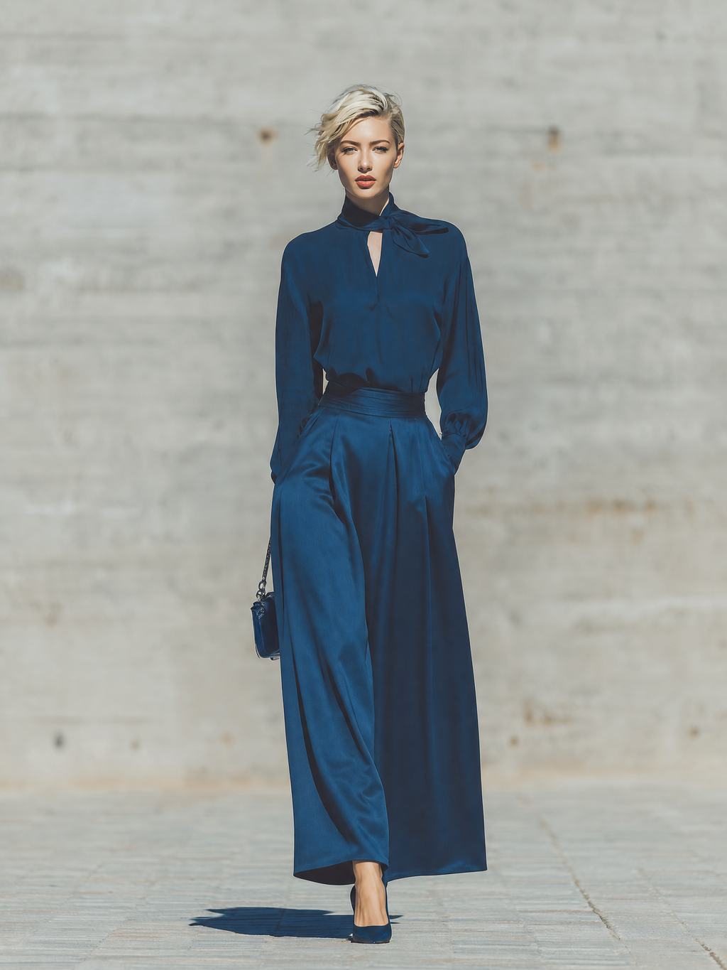 Women's Solid Deep Blue Satin Bow Tie Mock Neck Long Sleeve Loose Top High Rise Waist Side Pocket Skirt Set MDZ2496G7YZJ