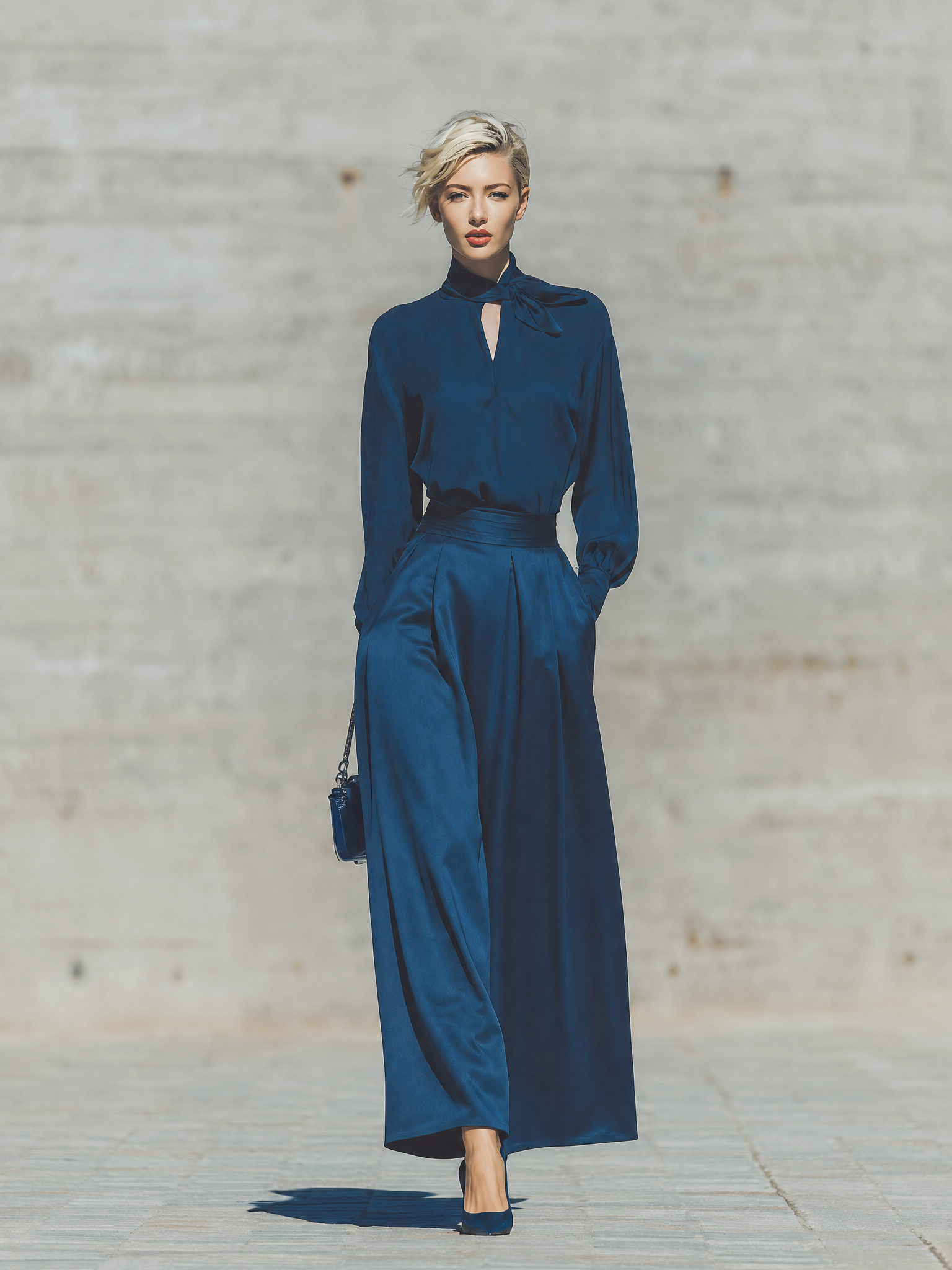 Women's Solid Deep Blue Satin Bow Tie Mock Neck Long Sleeve Loose Top High Rise Waist Side Pocket Skirt Set MDZ2496G7YZJ
