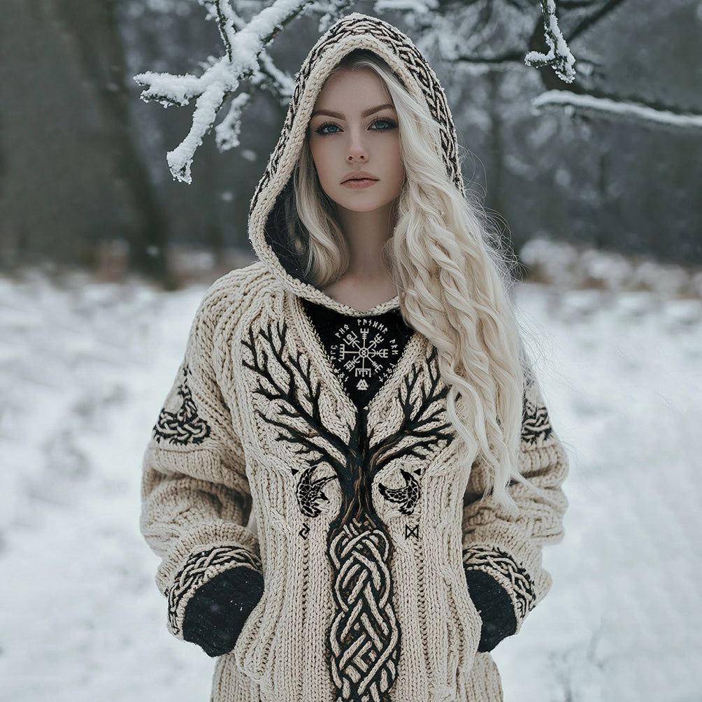 Women's Viking Tribal Tree Of Life Celtic Mythology Chunky Knit Hooded Sweater