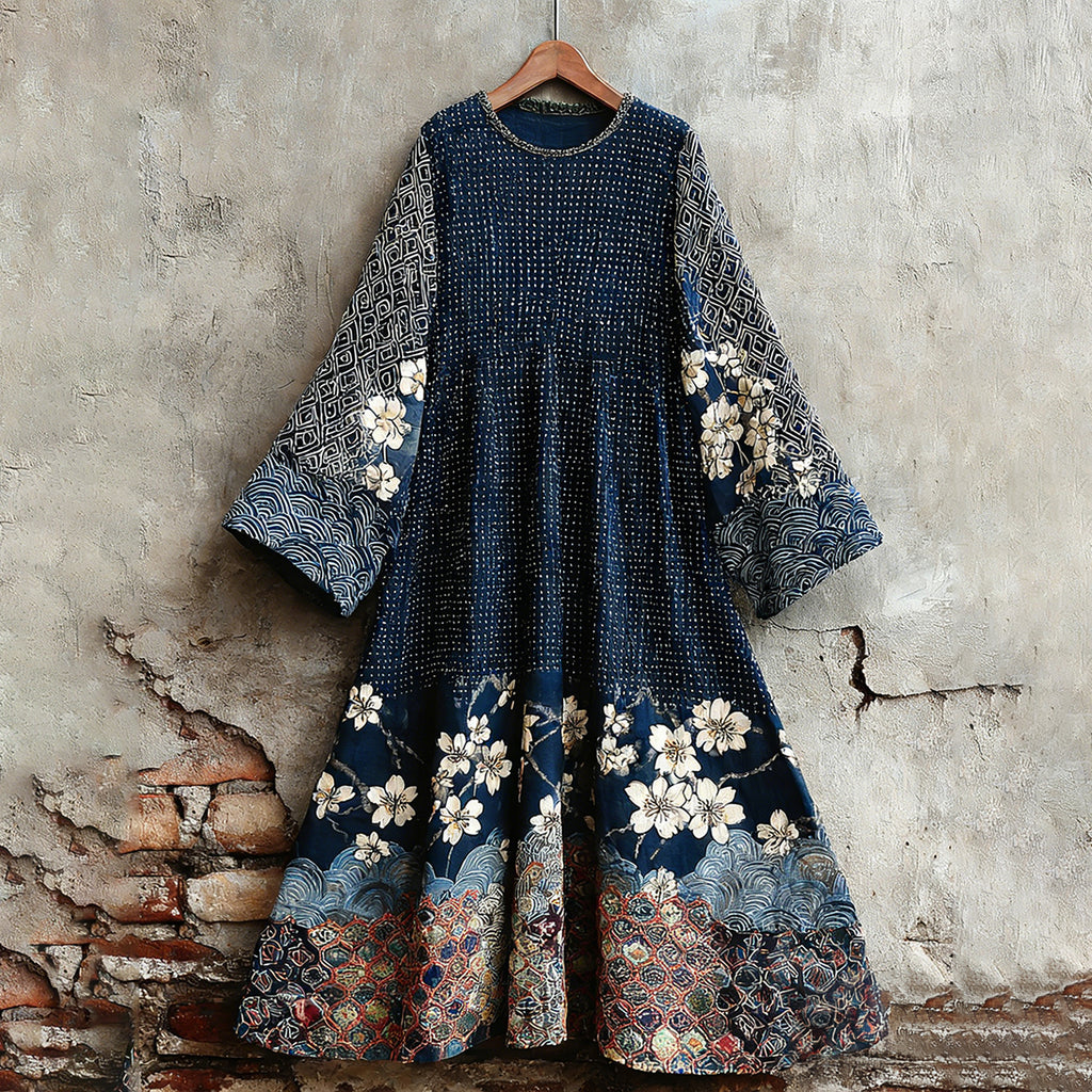 Women's Traditional Japanese Sashiko Art Round Neck Dress