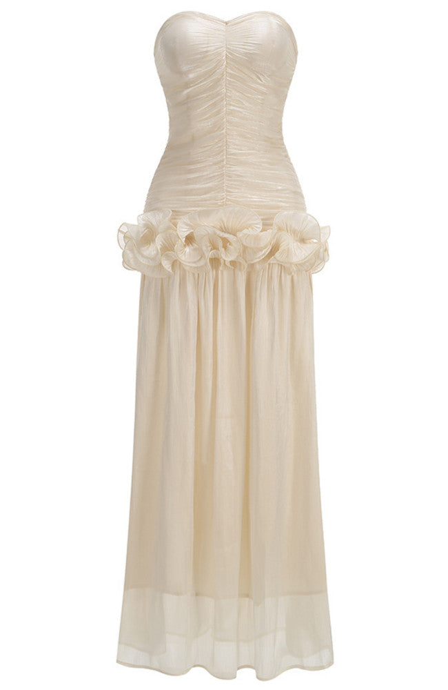 Strapless Draped Ruffle Maxi Dress Ivory