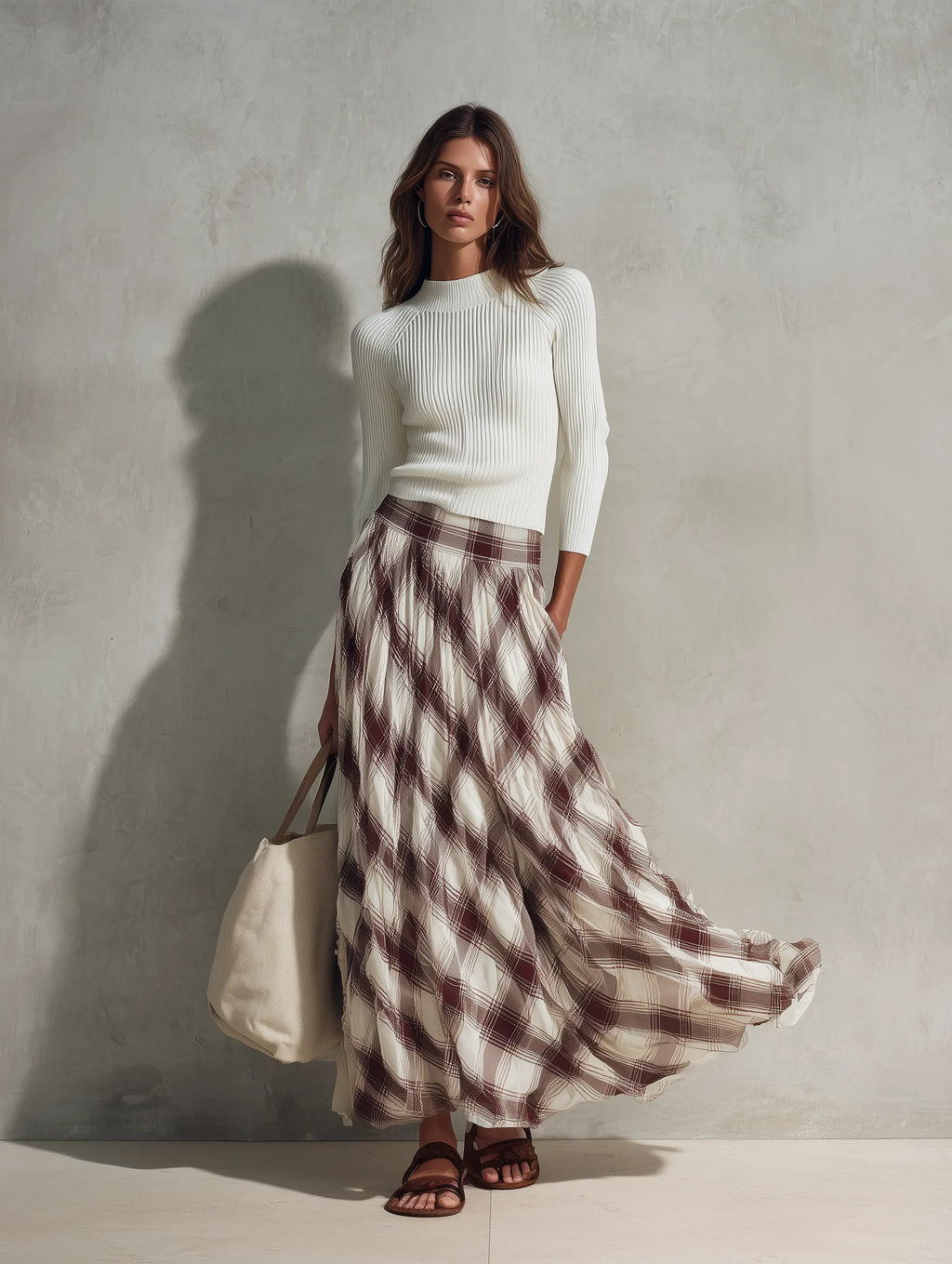 Women's Casual Off-white Long-sleeved Knit Top With A Round Neck, Paired With A Dark Red Printed Chiffon Skirt MDZ0122G6LXY