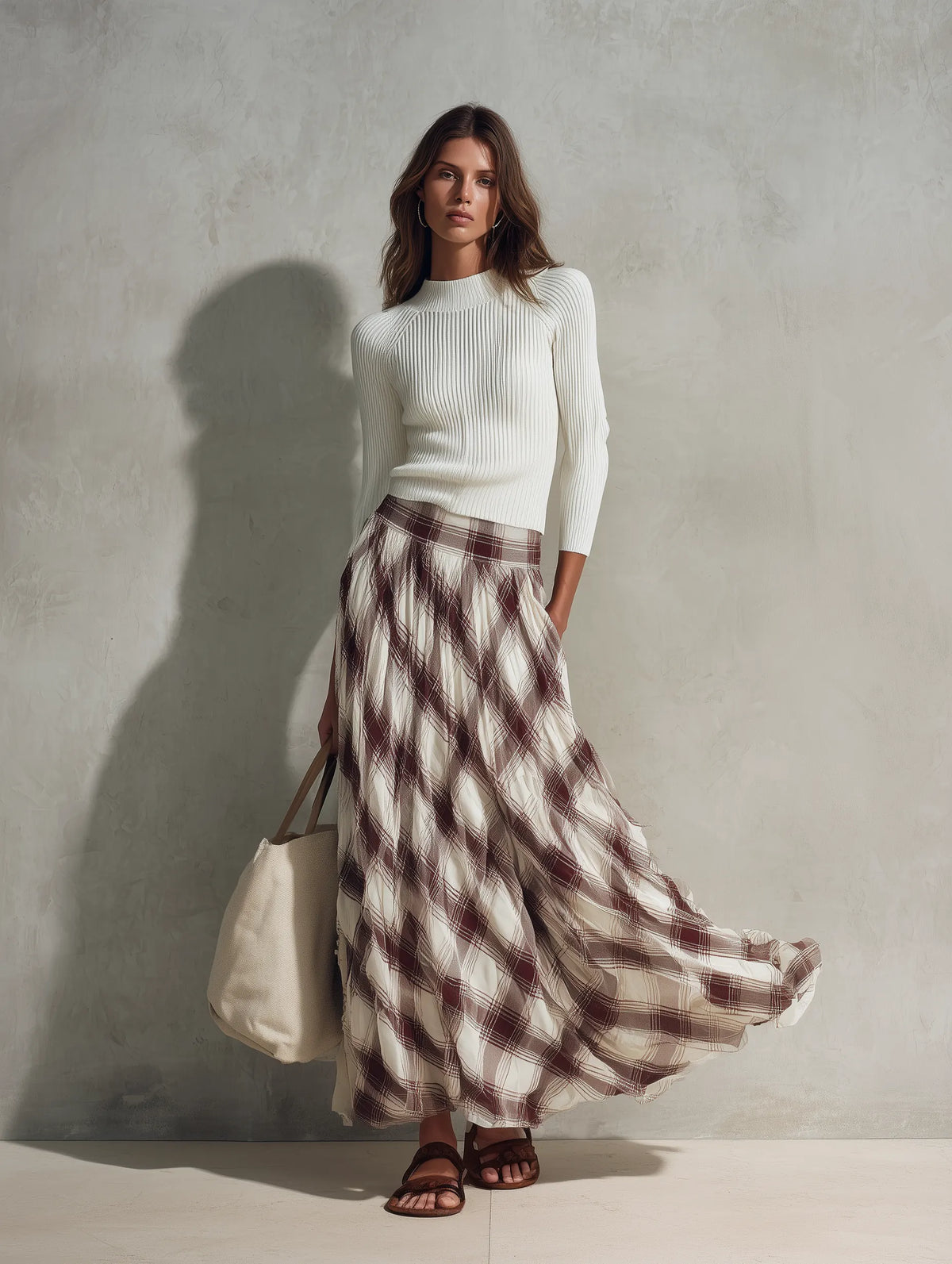 Women's Casual Off-white Long-sleeved Knit Top With A Round Neck, Paired With A Dark Red Printed Chiffon Skirt MDZ0122G6LXY