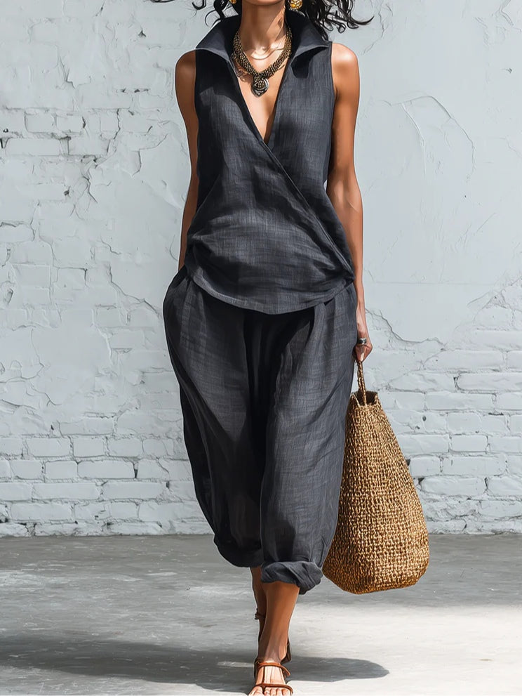 Simple collared shirt and wide-leg pants two-piece set