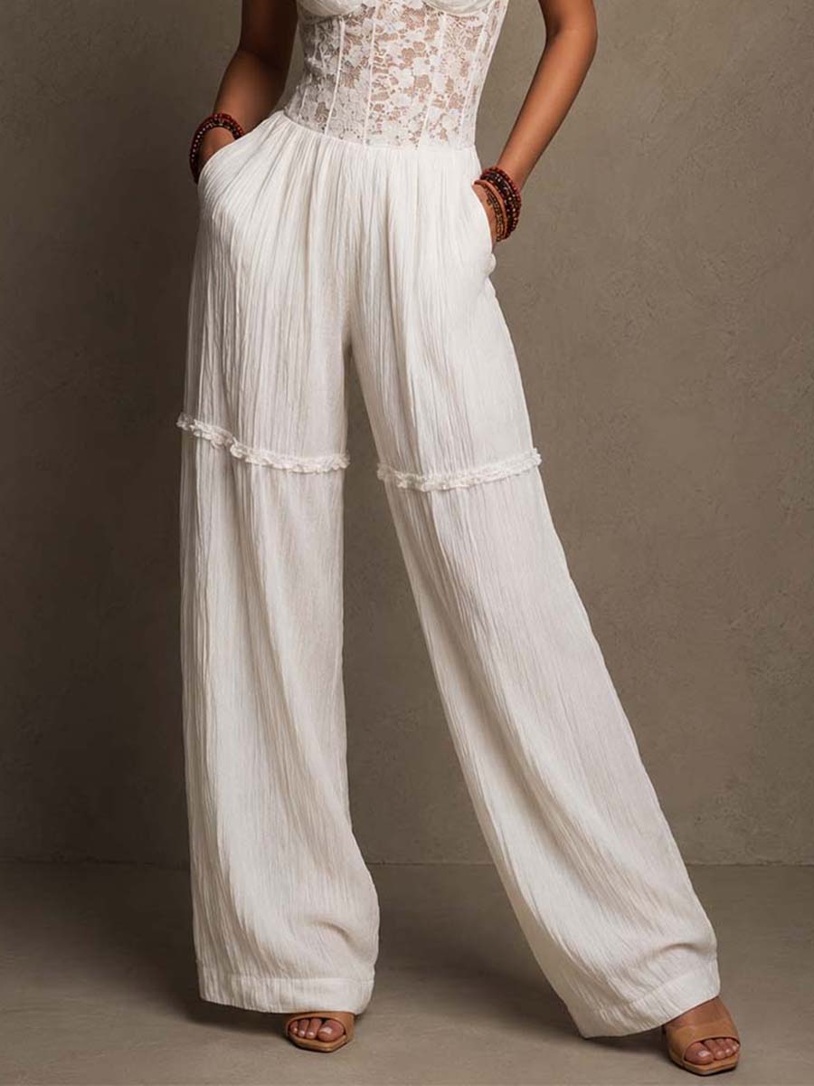 Bohemian White Lace Bustier And Crinkle Cotton Wide-Leg Jumpsuit
