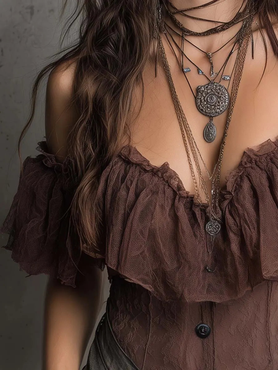 Retro Halter-Neck Off-Shoulder Lace Blouse