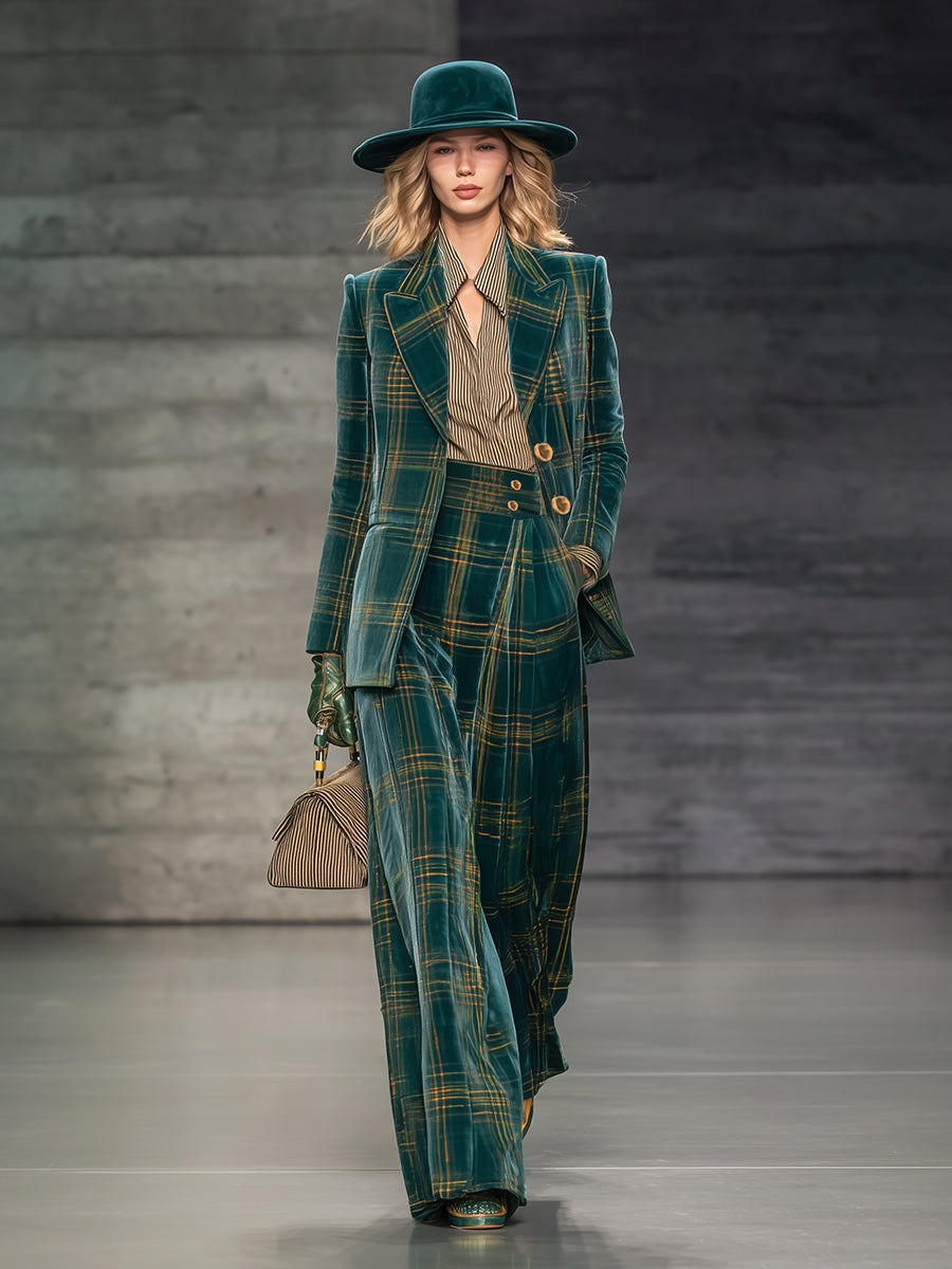 Retro And Fashionable Green Plaid Velvet Blazer High Waist Wide Leg Pants Set