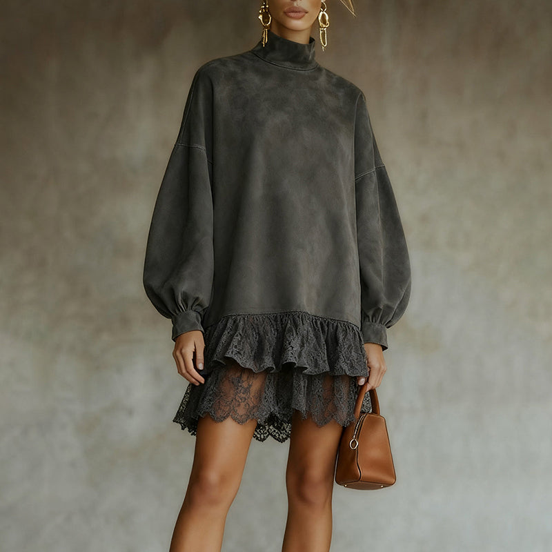 Women's Autumn And Winter Western Retro Suede Fabric Loose Casual Stand Collar Lace Decoration Dress