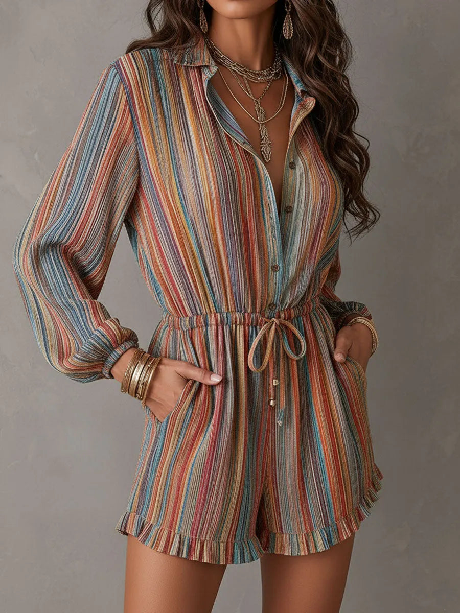 Boho Rainbow Stripe Cotton Linen Blend Drawstring Waist Romper