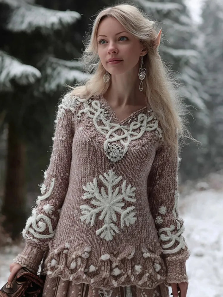 Women's Christmas Celtic Knot Snowflake Pink V-neck Sweater