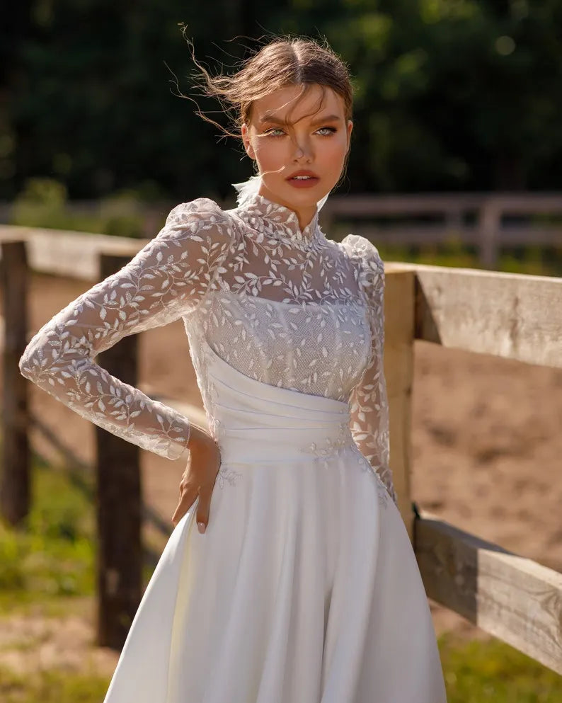 satin lace ivory bride bridal sexy a line wedding dress off white long sleeve formal ceremony summer beach light button train leaf drapery