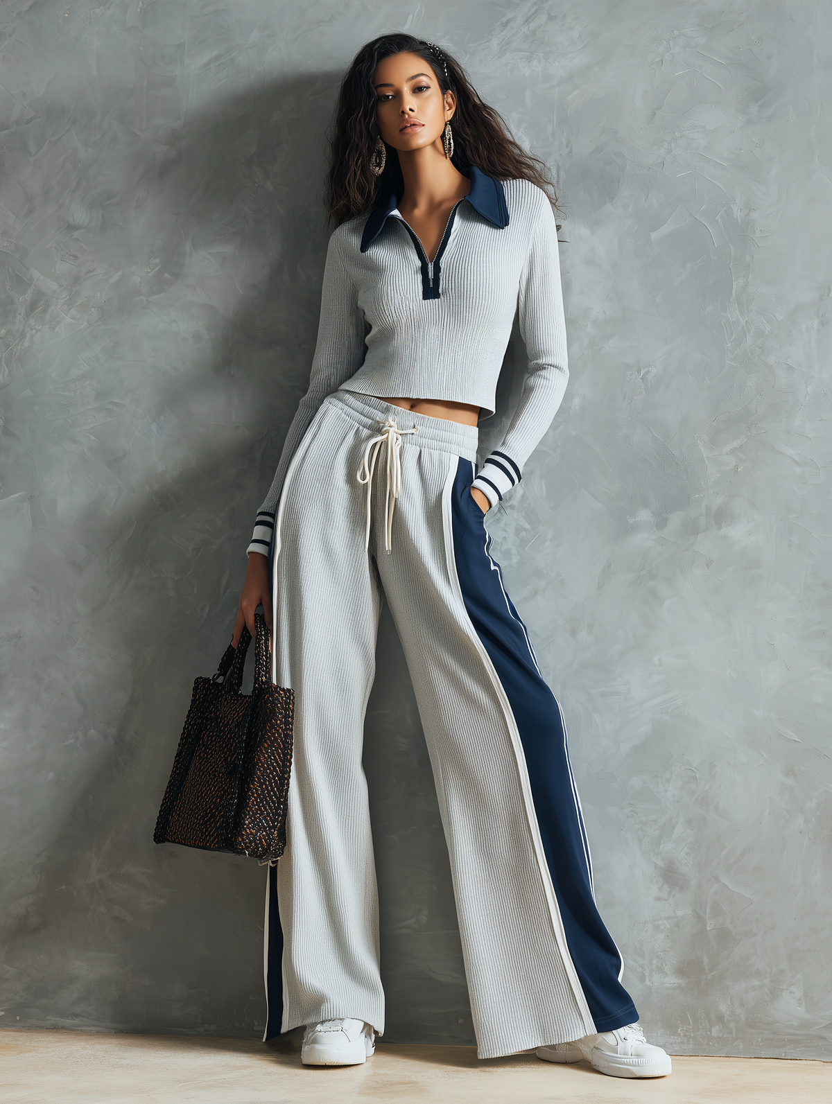 Women's Casual Blue-grey Ribbed Stretch Knit Long-sleeve Top Paired With Trousers MDZ2418G6LXY