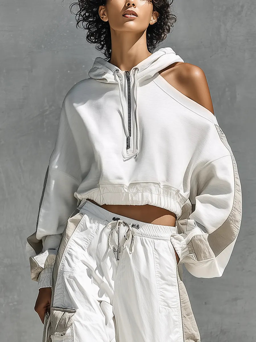 Women's Two Tone Patchwork Asymmetrical Cold Shoulder Hooded Sweatshirt Multi Pocket Cargo Pants Tracksuit Set MDZ0802G2YZJ