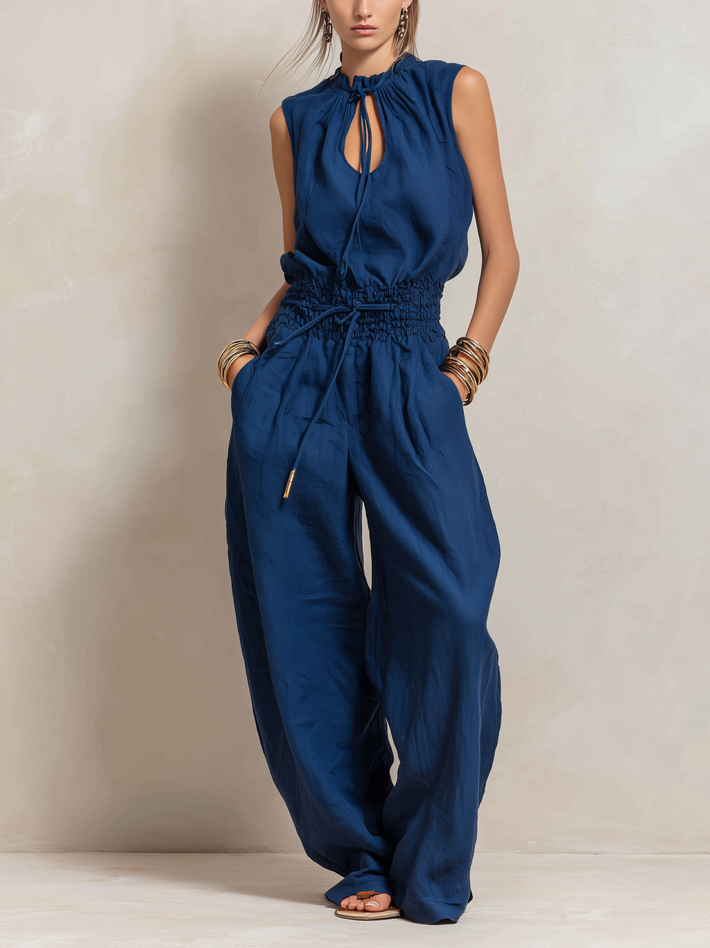 Women's Elegant Dark Blue Cotton-Linen Sleeveless Jumpsuit With Round Neck MDZ2068C2AN