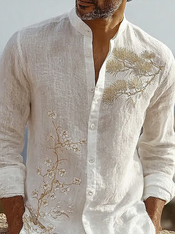 Men's Japanese-style Pine Tree And Cherry Blossom Pattern Linen Blend Shirt
