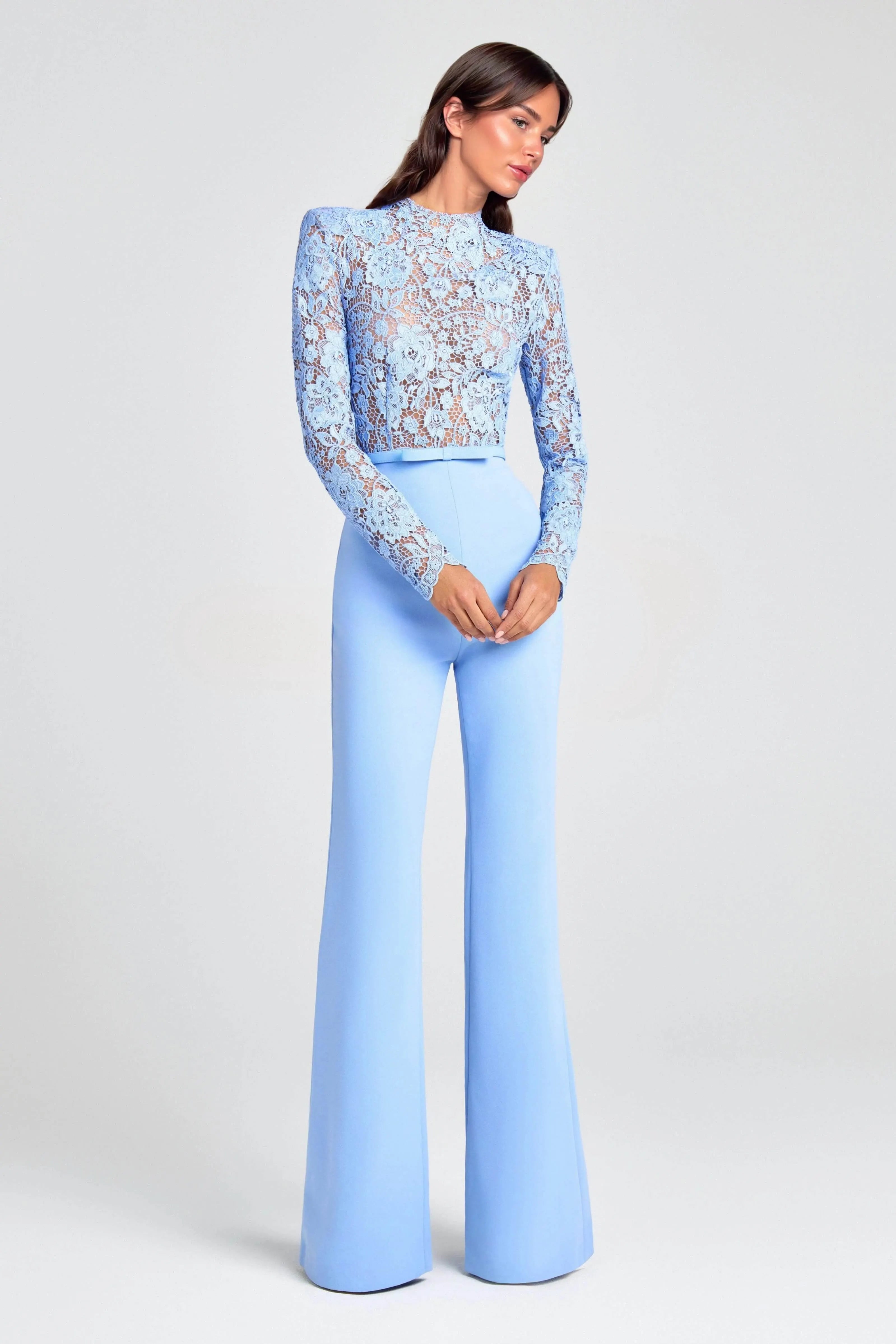 Elegant Party Charmer Flower Lace Patchwork Long Sleeve Bow Belted Flare Jumpsuit