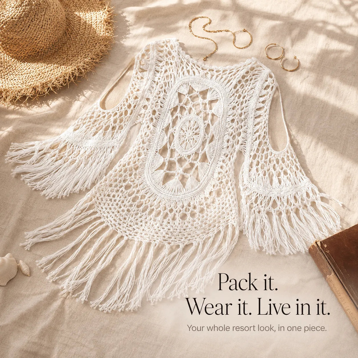 Solenza – Boho Crochet Cover-Up with Long Fringe Hem and Mandala Detail