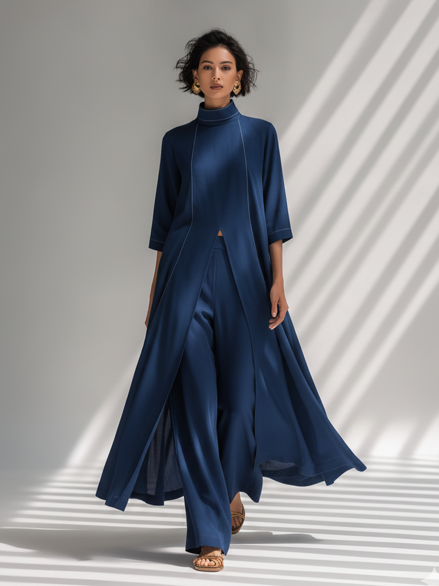 Women's Navy Blue Light Chiffon Co-Ord With Contrast White Stitch Seam Tunic & High Waist Flowy Trousers, Modern Effortless-Chic Smart Casual Two-Piece Set MDZ2943F9LYL