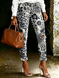 Women's Vintage Leopard Floral Totem Print Casual High-waisted Ripped Skinny Jeans