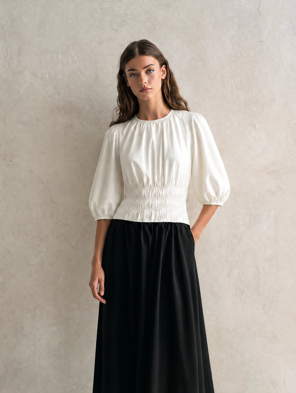 Women's Casual Black And White Woven Maxi Dress With A Round Neck And Mid-length Sleeves MDZ0231G6LXY