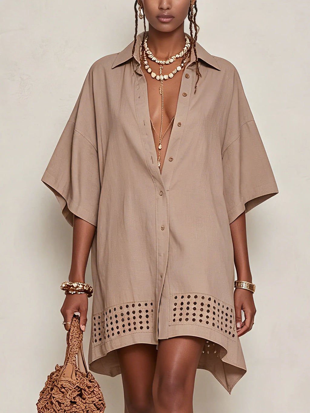 Oat Oversized Cotton Eyelet Mini Dress