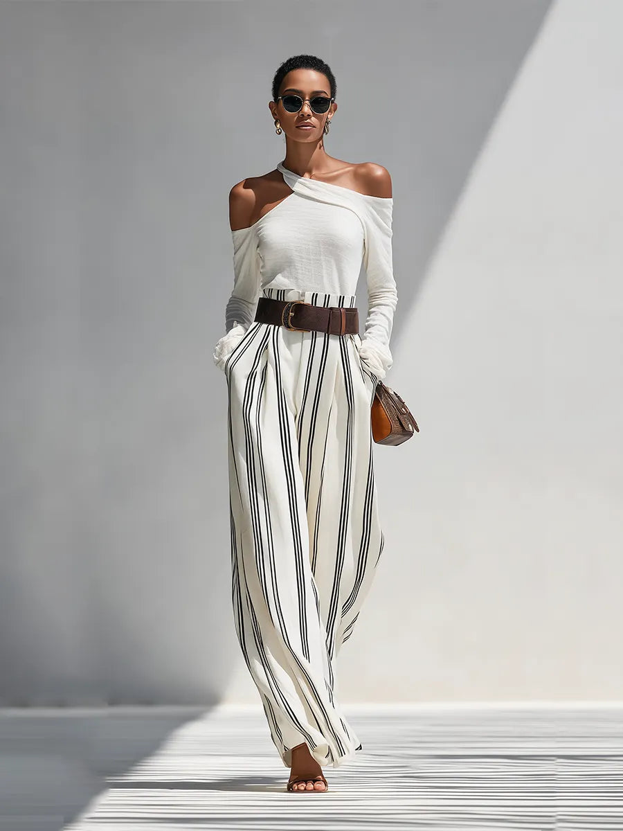 Women's Solid White Light Knit Co-Ord With One Shoulder Cutout Blouse & Pleated Striped Flow Palazzo Trousers, Modern Effortless-Chic Daily Casual Two-Piece Set (without Belt) MDZ0199G0LYL