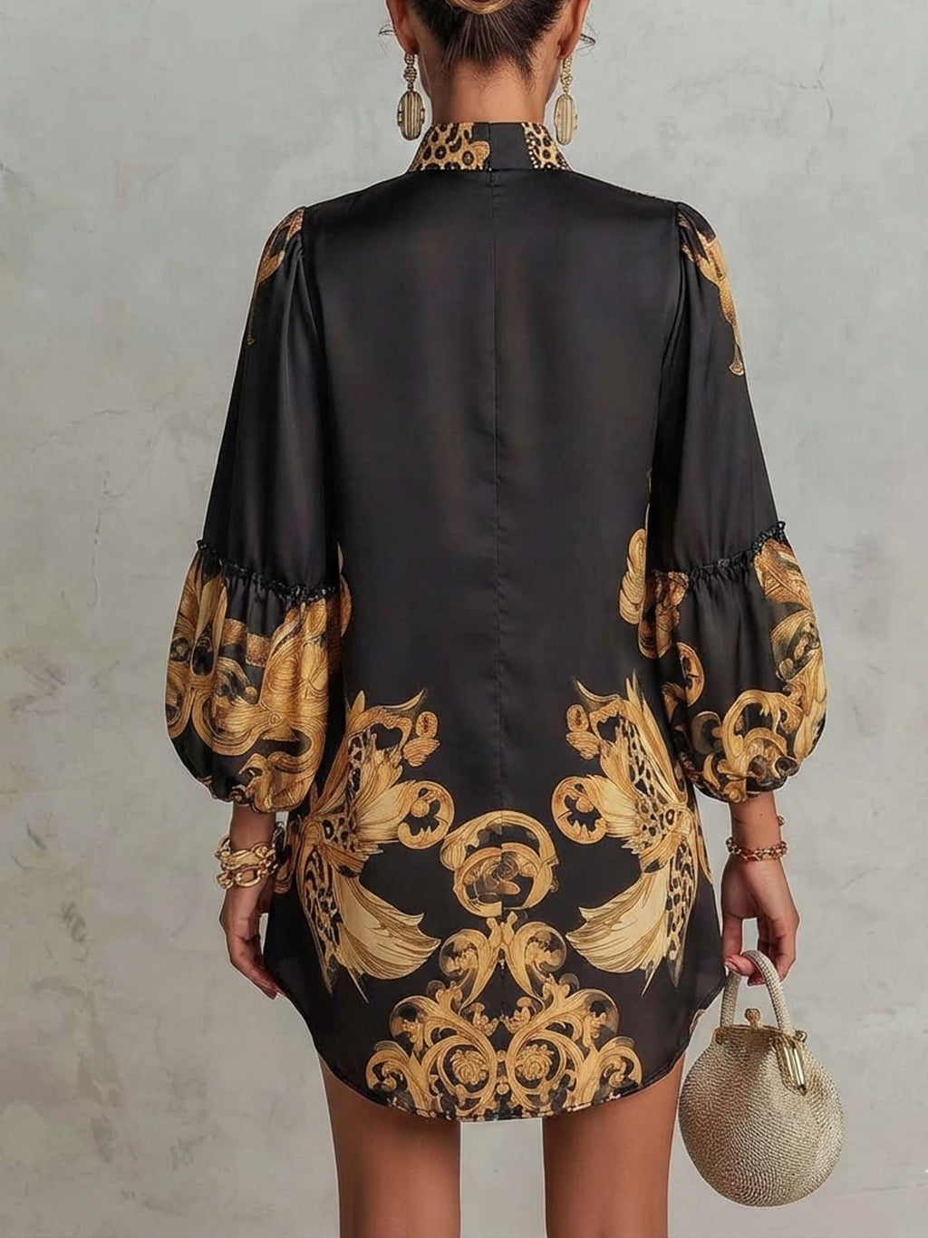 Black Vintage Baroque Print V-Neck Mini Dress With Leopard Trim