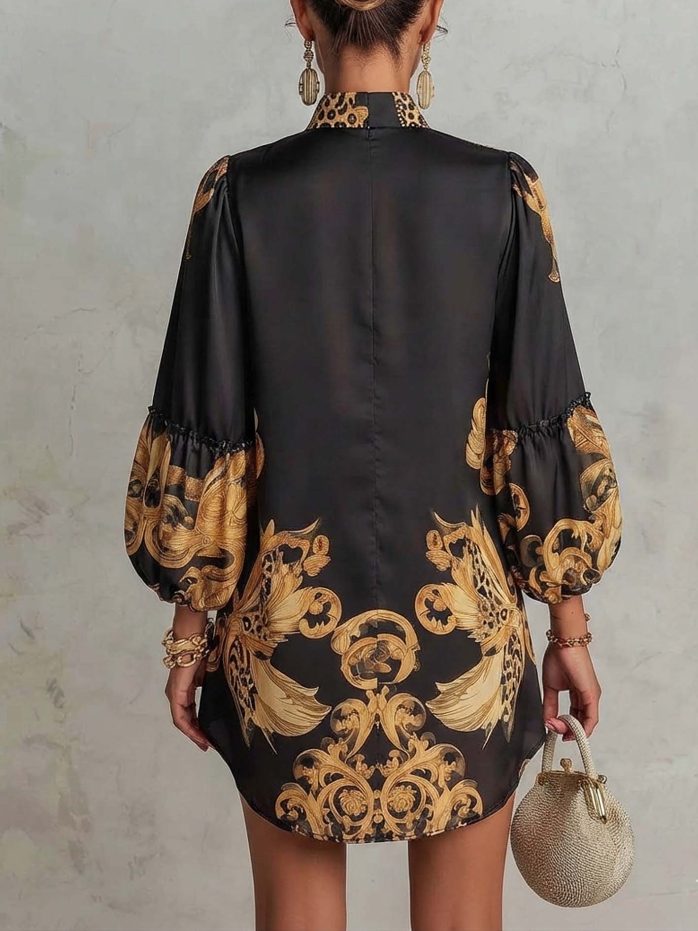Black Vintage Baroque Print V-Neck Mini Dress With Leopard Trim