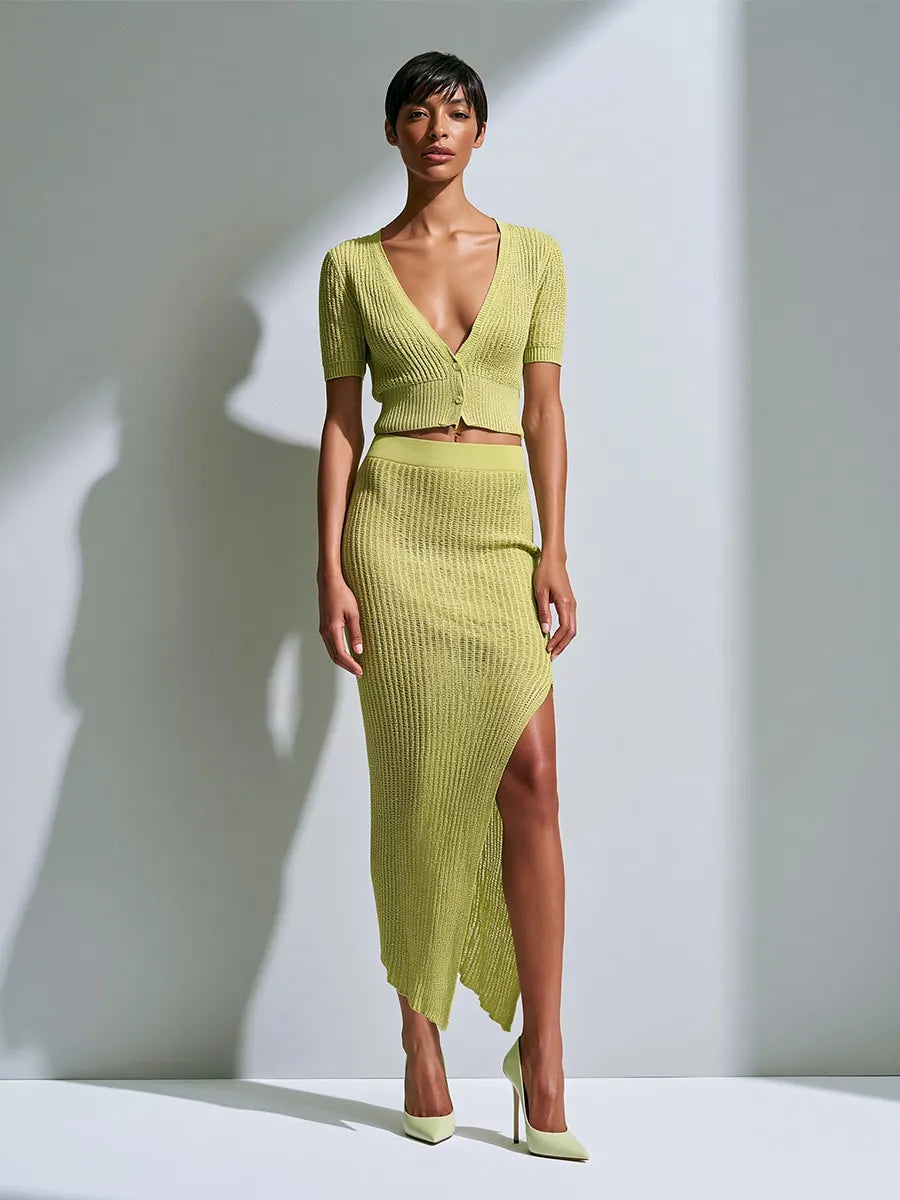 Women's Chic Lime Green Ribbed Knit V-Neck Button-Front Short Sleeve Cropped Cardigan And Side Slit Midi Skirt Two-Piece Set MDZ1376G2ZSQ