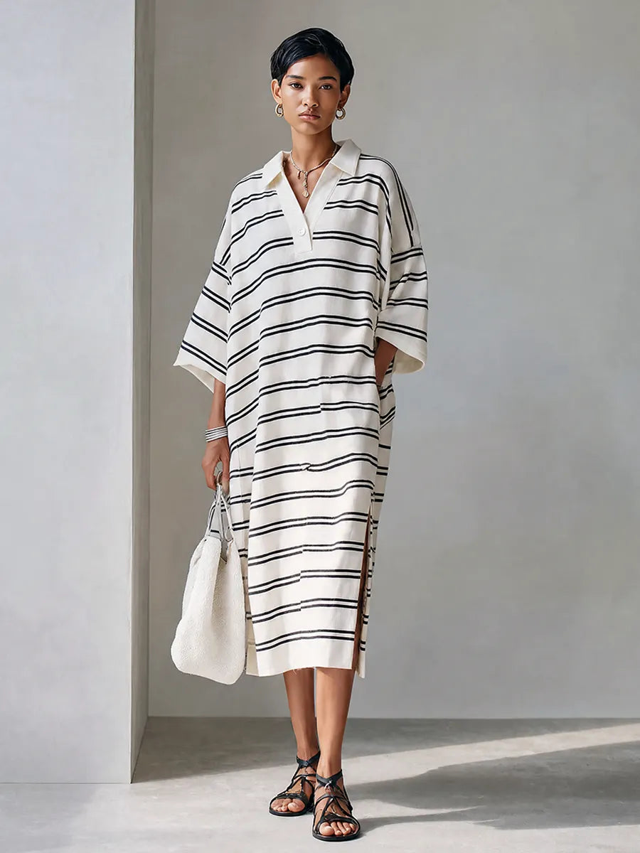 Women's White Black Horizontal Stripe Cotton Blend Polo Collar Midi Shirt Dress MDZ2177G9ZRK