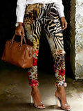 Women's Retro Gradient Floral Leopard Print Art Ripped Skinny Jeans