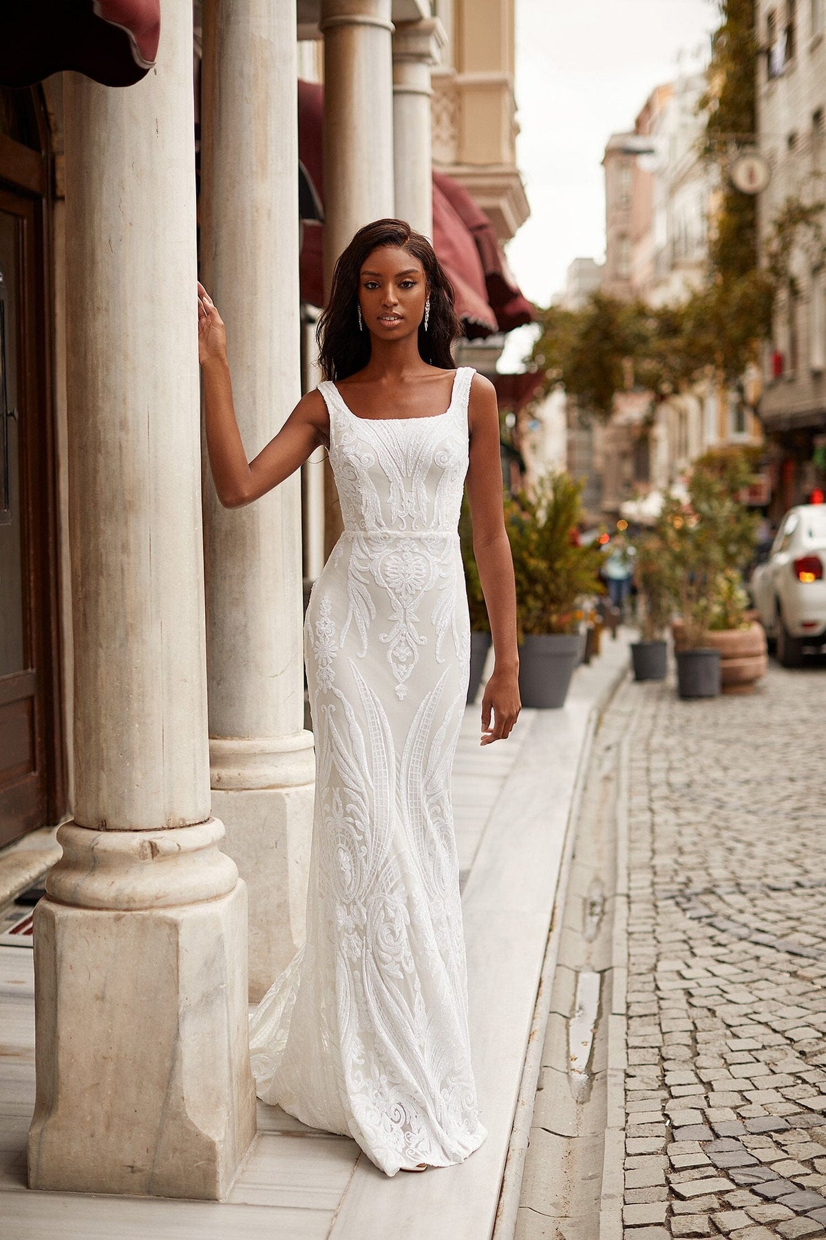 Cyndi - White sophisticated sequin mermaid maxi dress