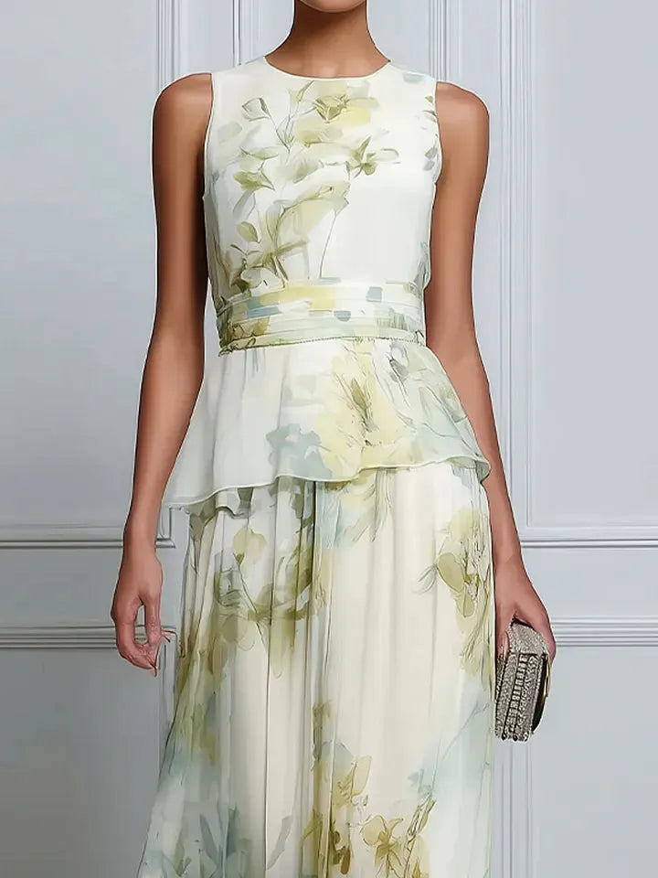 Layered Floral Sleeveless Waist Flowing Maxi Dress