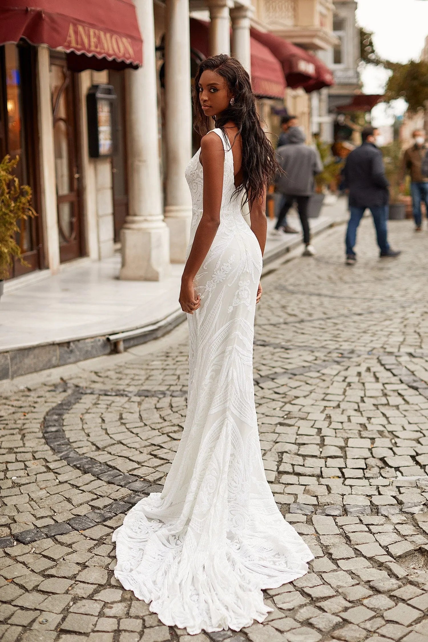 Cyndi - White sophisticated sequin mermaid maxi dress