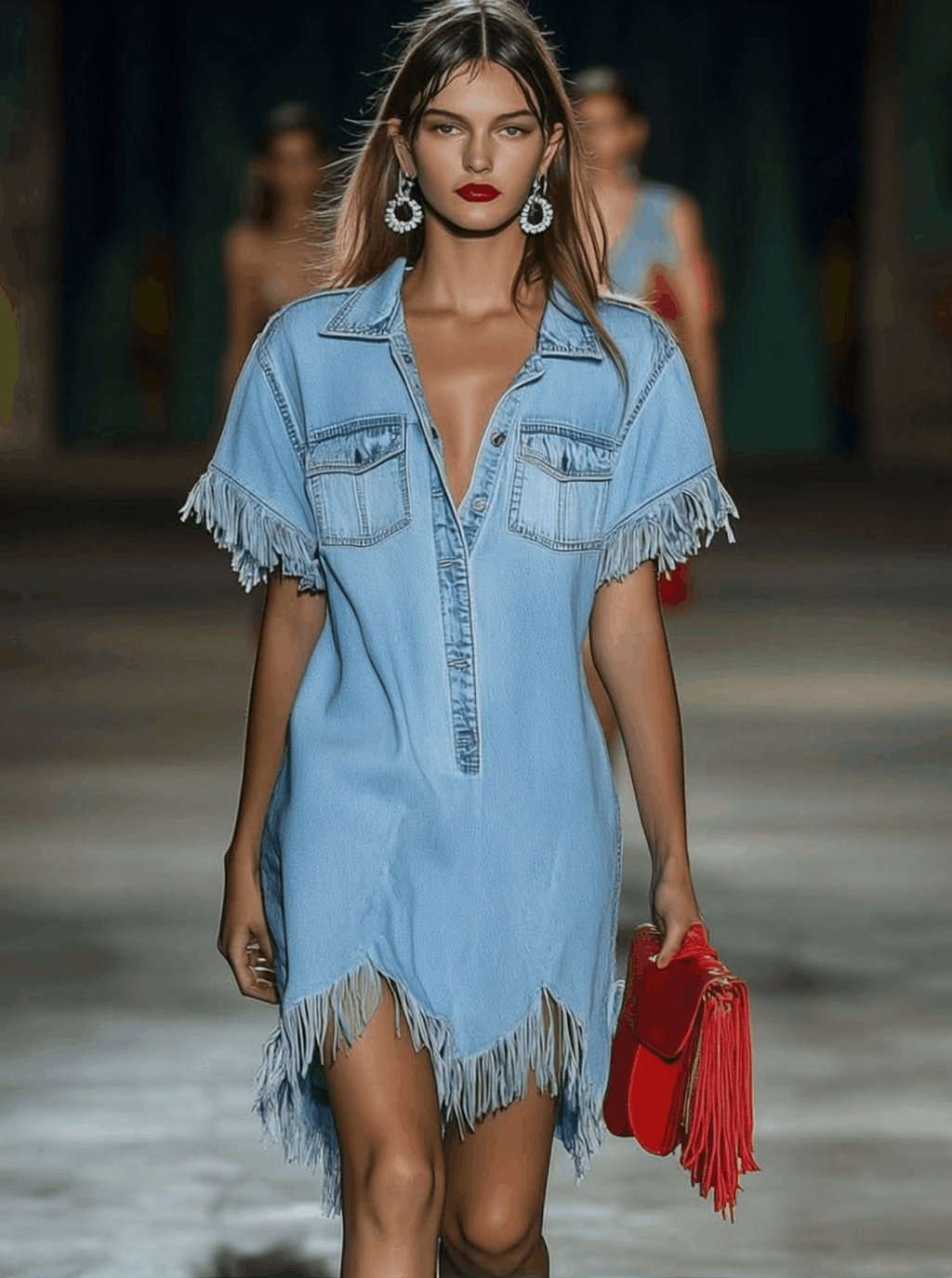 [24-hour shipping out]Casual Loose Vintage Denim Short Sleeve Shirt Tassel Mini Dress