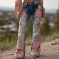 Vintage Pink Roses Glitter Embroidered Washed Bootcut Jeans