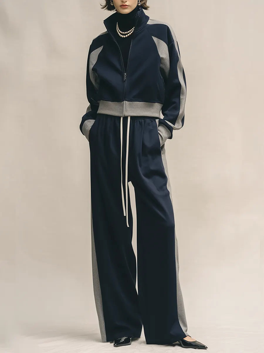 Women's Two-Tone Soft Cotton-Blend Co-Ord With Color Block Stand Collar Jacket & Side Pocket Loose Palazzo Trousers, Minimalist Athleisure Daily Two-Piece Set (Inner layer not included) MDZ1308G5LYL