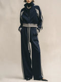 Women's Two-Tone Soft Cotton-Blend Co-Ord With Color Block Stand Collar Jacket & Side Pocket Loose Palazzo Trousers, Minimalist Athleisure Daily Two-Piece Set (Inner layer not included) MDZ1308G5LYL